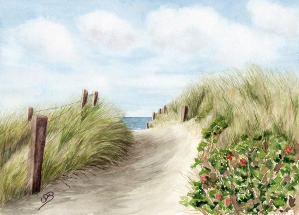 Postkarte DIN-A5 Strandweg  Aquarell Maritim Kunst Druck Kunstdruck Dänemark Nordsee Ostsee Dünen Meer Strand Sylt